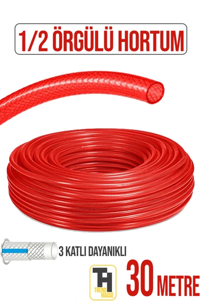 1/2 Örgülü Bahçe Hortumu Çatlamaz, Kırılmaz, Esnek (30 metre) Kırmızı