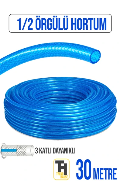 1/2 Örgülü Bahçe Hortumu Çatlamaz, Kırılmaz, Esnek (30 metre) Mavi