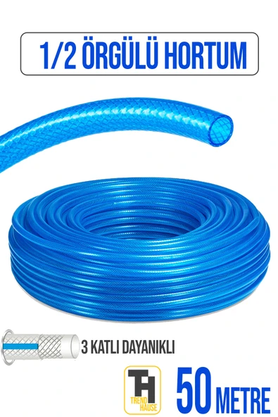 1/2 Örgülü Bahçe Hortumu Çatlamaz, Kırılmaz, Esnek (50 metre) Mavi ürün görseli 1