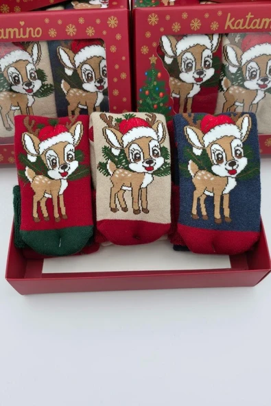 3 Çift Unısex Hediyelik Yeniyıl Temalı Çocuk Soket Havlu Çorap - Resim 2