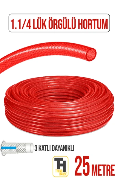 1.1/4 Örgülü Bahçe Hortumu Çatlamaz, Kırılmaz, Esnek (25 metre) Kırmızı ürün görseli 1