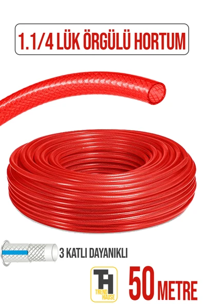 1.1/4 Örgülü Bahçe Hortumu Çatlamaz, Kırılmaz, Esnek (50 metre) Kırmızı ürün görseli 1