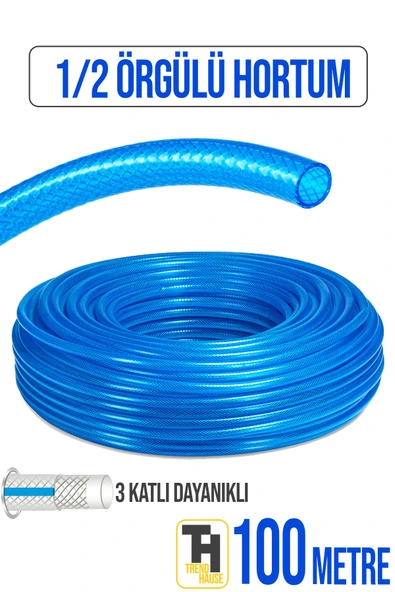 1/2 Örgülü Bahçe Hortumu Çatlamaz, Kırılmaz,Esnek (100 metre) Mavi ürün görseli 1