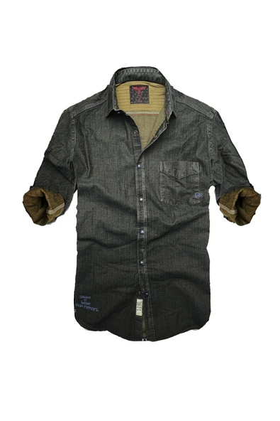 Slim Fit Saf Pamuk Denim Kumaş Kot Gömlek--koyu Karışık-- ürün görseli