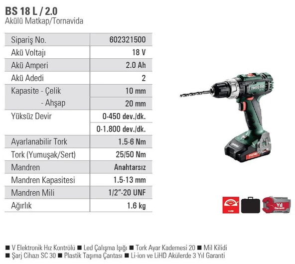 METABO BS 18 L Şarjlı Matkap 18 Volt 2.0 Amper - Resim 2