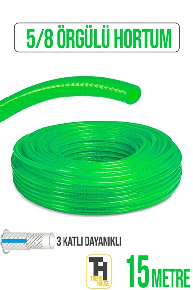5/8 Örgülü Bahçe Hortumu Çatlamaz, Kırılmaz, Esnek (15 metre) Yeşil
