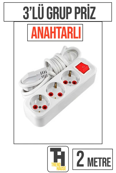 2 Metre 3'lü Anahtarlı Grup Priz