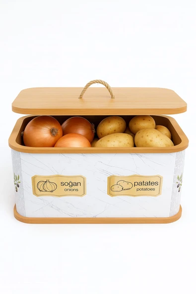 Dekorasyaa 2 Bölmeli Patates Soğanlık - Bambu - Dikdörtgen Beyaz Desen - Resim 3