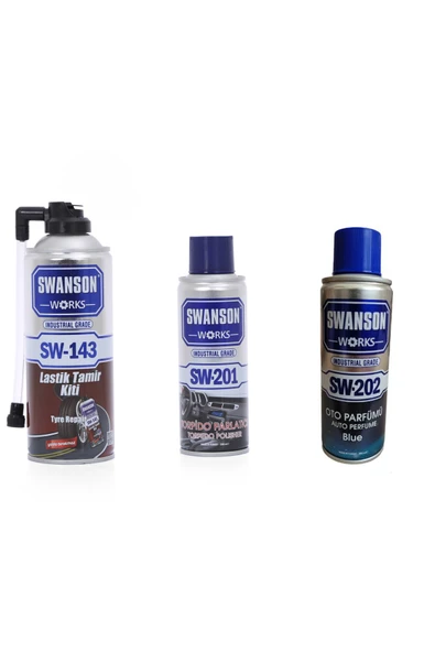 SWANSON WORKS Lastik Tamir Köpüğü Kiti + Oto Parfümü + Torpido Temizleyici Parlatıcı Sprey Üçlü Set 400 ML ürün görseli