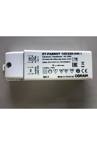 Osram 105W ELETRONİK TRAFO ET-PARROT 35W-105W/220-240V GİRİŞ:220V ÇIKIŞ:11,5V