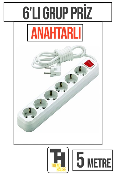 5 Metre 6'lı Anahtarlı Grup Priz