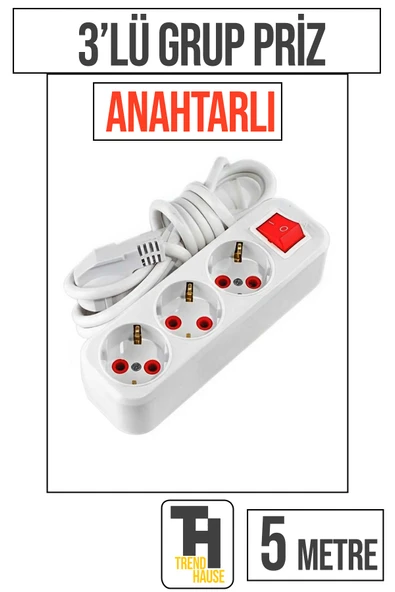 5 Metre 3'lü Anahtarlı Grup Priz