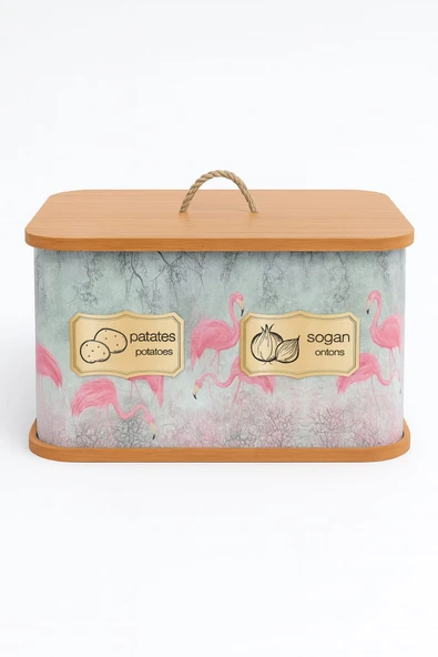 Dekorasyaa 2 Bölmeli Patates Soğanlık - Bambu - Dikdörtgen Flamingo Desen - Resim 2