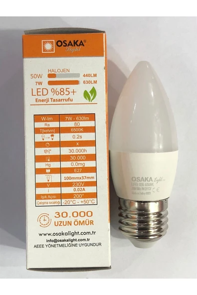 Osaka 7W=50W 630 LÜMEN E27 LED BUJİ 6500 KELVİN BEYAZ - Resim 2