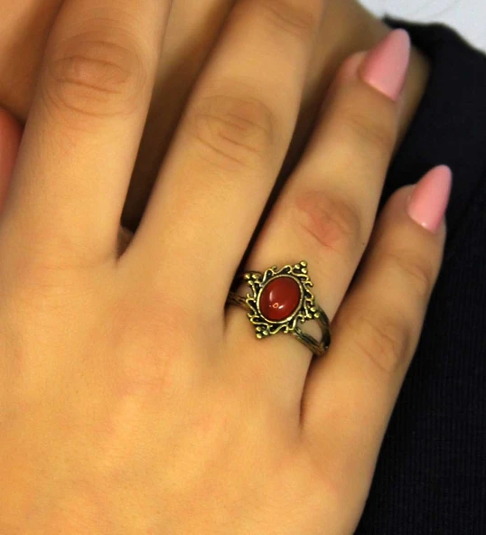 Doğal Taş Akik Yuvarlak Doğal Taşlı Antik Model Kadın Ayarlanabillir Yüzük euy71a - Resim 2