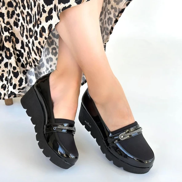 Kear Siyah Rugan Dolgu Topuk Ayakkabı - Resim 5