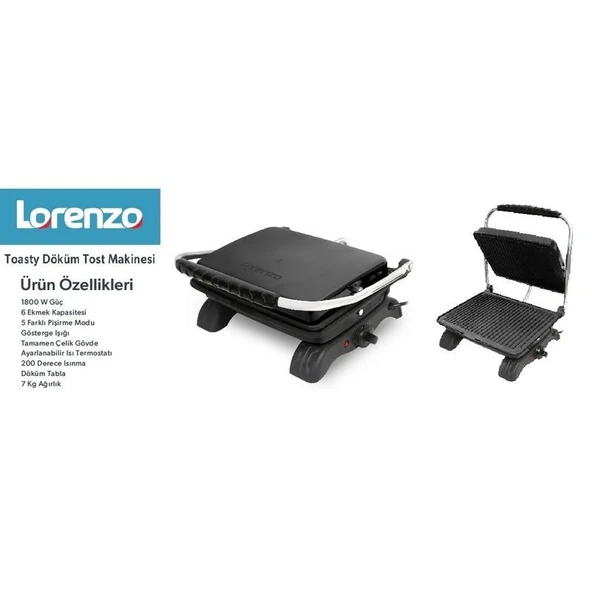 LORENZO - TOASTY 6 DİLİM DÖKÜM TOST MAKİNESİ SİYAH