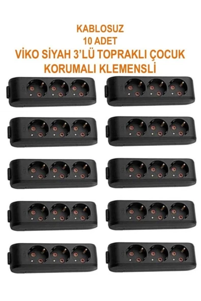 VİKO 3'lü Topraklı Çocuk Korumalı Klemensli Grup Priz Kablosuz 10 Adet - Resim 2