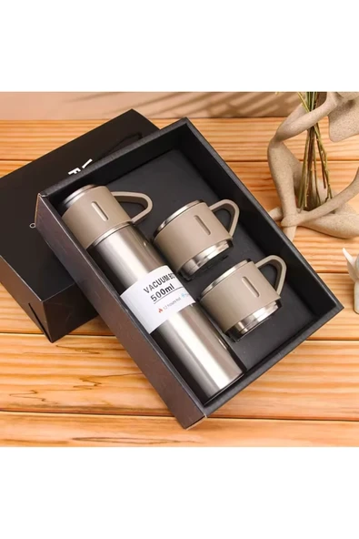 Dekorasyaa - Metal - Paslanmaz Çelik 3 Bardaklı Termos 500 ml - Çanta Hediyeli - 12 Saat Sıcak Soğuk - Resim 4