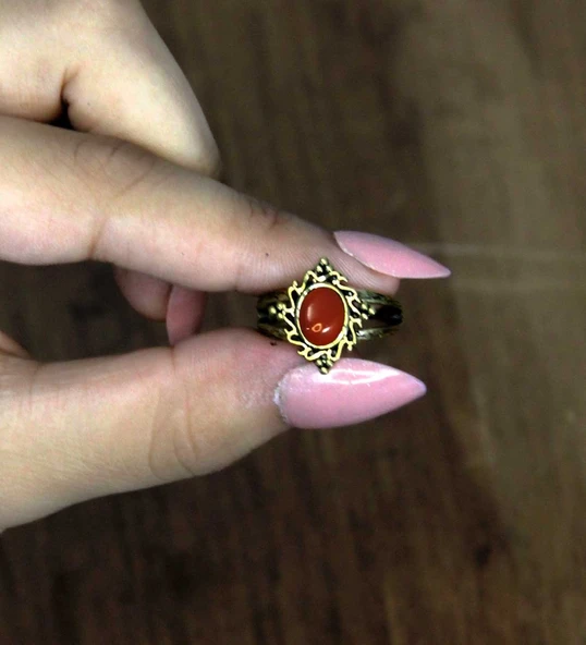 Doğal Taş Akik Yuvarlak Doğal Taşlı Antik Model Kadın Ayarlanabillir Yüzük euy71a - Resim 3