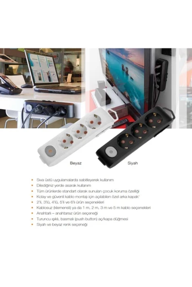 VİKO Multi-let 3 Li Siyah Anahtarlı Grup Priz 2mt - Resim 4