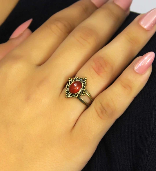 Doğal Taş Akik Yuvarlak Doğal Taşlı Antik Model Kadın Ayarlanabillir Yüzük euy71a ürün görseli