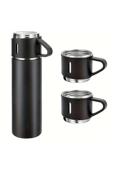 Dekorasyaa -Siyah - Paslanmaz Çelik 3 Bardaklı Termos 500 ml - Çanta Hediyeli - 12 Saat Sıcak Soğuk - Resim 2