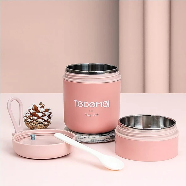 Dekorasyaa 2 Katlı Lunch Box - Pembe - Paslanmaz Çelik - Kaşıklı - Yemek Taşıma Kabı - 710ml - Resim 2