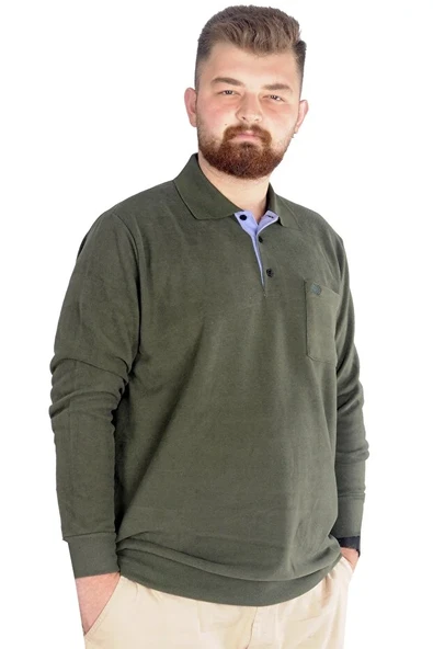 Büyük Beden Erkek Sweat Polo Cepli Selanik Basic 20441 Haki - Resim 2