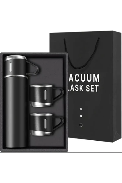 Dekorasyaa -Siyah - Paslanmaz Çelik 3 Bardaklı Termos 500 ml - Çanta Hediyeli - 12 Saat Sıcak Soğuk ürün görseli