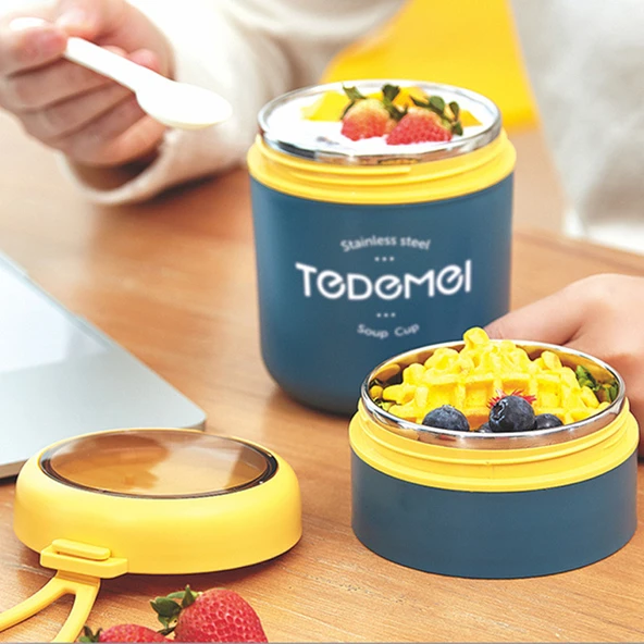 Dekorasyaa 2 Katlı Lunch Box - Mavi - Paslanmaz Çelik - Kaşıklı - Yemek Taşıma Kabı - 710ml - Resim 4