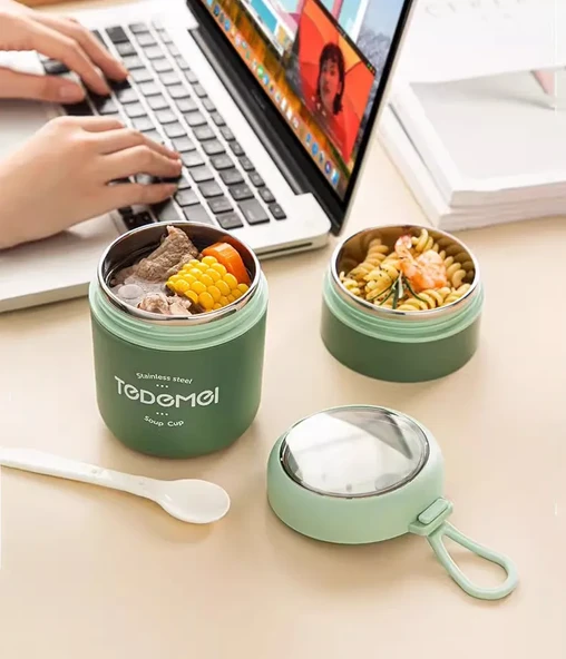 Dekorasyaa 2 Katlı Lunch Box - Yeşil - Paslanmaz Çelik - Kaşıklı - Yemek Taşıma Kabı - 710ml - Resim 2