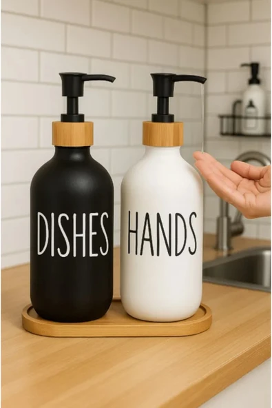 Dekorasyaa 2li Siyah Beyaz Cam Sıvı Sabunluk 500ml - Bambu Stantlı ürün görseli