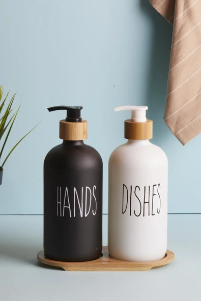 Dekorasyaa 2li Siyah Beyaz Cam Sıvı Sabunluk 500ml - Bambu Stantlı - Resim 4