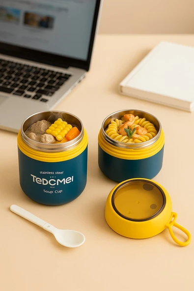 Dekorasyaa 2 Katlı Lunch Box - Mavi - Paslanmaz Çelik - Kaşıklı - Yemek Taşıma Kabı - 710ml ürün görseli