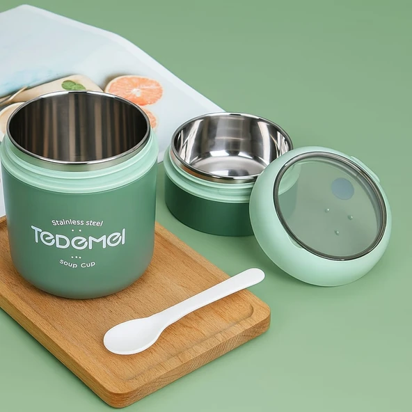 Dekorasyaa 2 Katlı Lunch Box - Yeşil - Paslanmaz Çelik - Kaşıklı - Yemek Taşıma Kabı - 710ml - Resim 3