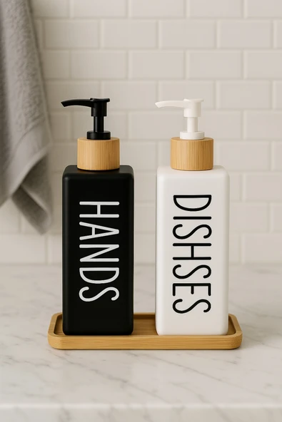 Dekorasyaa 2li Dikdörtgen Cam Sıvı Sabunluk 380ml - Bambu Stantlı ürün görseli