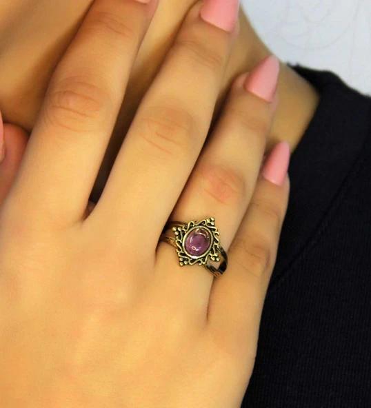 Doğal Taş Ametist Doğal Taşlı Antik Model Kadın Ayarlanabillir Yüzük euy71amt ürün görseli