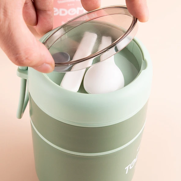 Dekorasyaa 2 Katlı Lunch Box - Yeşil - Paslanmaz Çelik - Kaşıklı - Yemek Taşıma Kabı - 710ml - Resim 5