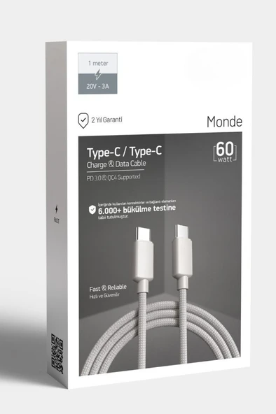 PDAteknoloji 60W Örgülü Type C to Type C SPK-10 Monde 1mt Data ve Şarj Kablosu - Resim 4