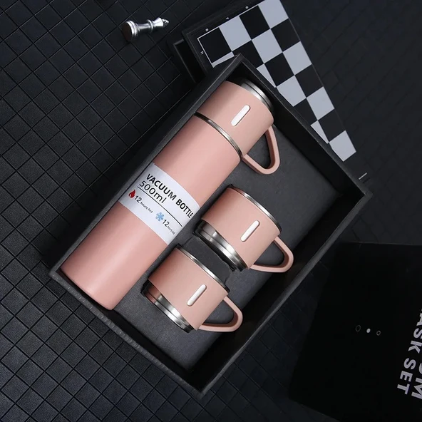 Dekorasyaa  -Pembe - Paslanmaz Çelik 3 Bardaklı Termos 500 ml - Çanta Hediyeli - 12 Saat Sıcak Soğuk ürün görseli