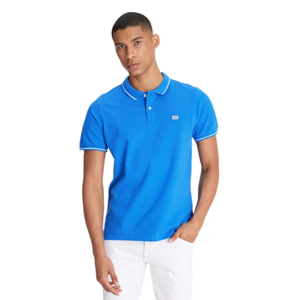 Regular Fit Normal Kesim %100 Pamuk Polo Yaka Mavi Tişört - Resim 3