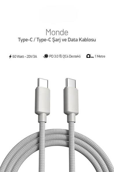 PDAteknoloji 60W Örgülü Type C to Type C SPK-10 Monde 1mt Data ve Şarj Kablosu - Resim 2