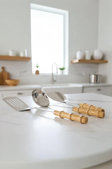 Bambum Mundo 3 Parça Bambu Saplı Çelik Mutfak Gereç Seti Kaşık Kevgir Kepçe - Resim 2