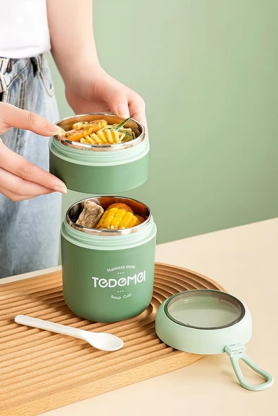 Dekorasyaa 2 Katlı Lunch Box - Yeşil - Paslanmaz Çelik - Kaşıklı - Yemek Taşıma Kabı - 710ml ürün görseli