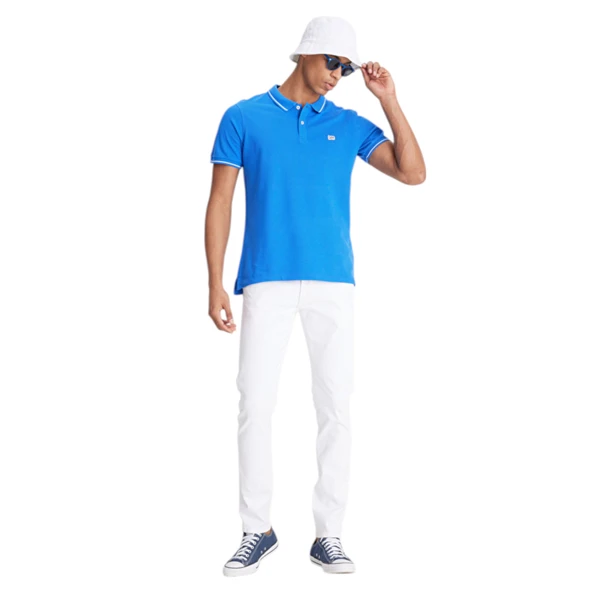 Regular Fit Normal Kesim %100 Pamuk Polo Yaka Mavi Tişört - Resim 2