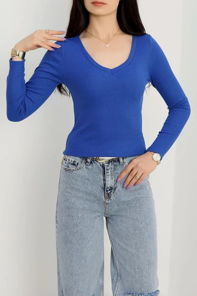 V yaka kaşkorse bluz saks mavisi a3699 ürün görseli 1