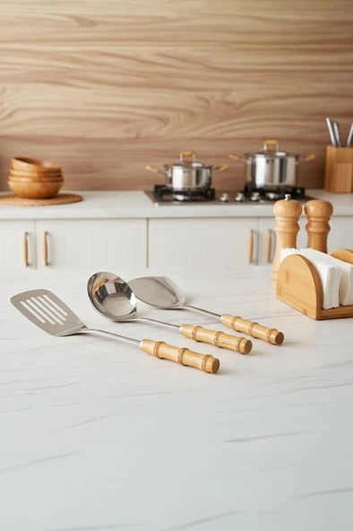 Bambum Mundo 3 Parça Bambu Saplı Çelik Mutfak Gereç Seti Kaşık Kevgir Kepçe ürün görseli