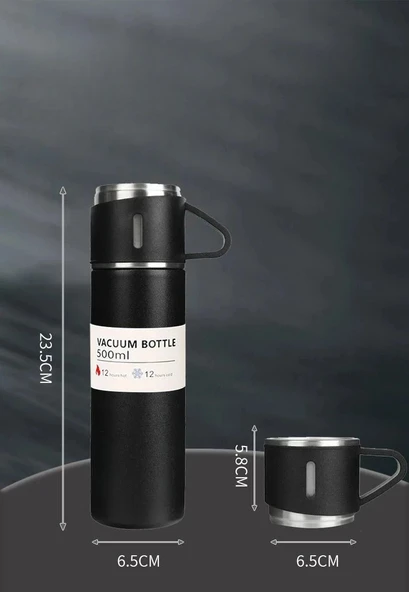 Dekorasyaa -Siyah - Paslanmaz Çelik 3 Bardaklı Termos 500 ml - Çanta Hediyeli - 12 Saat Sıcak Soğuk - Resim 3