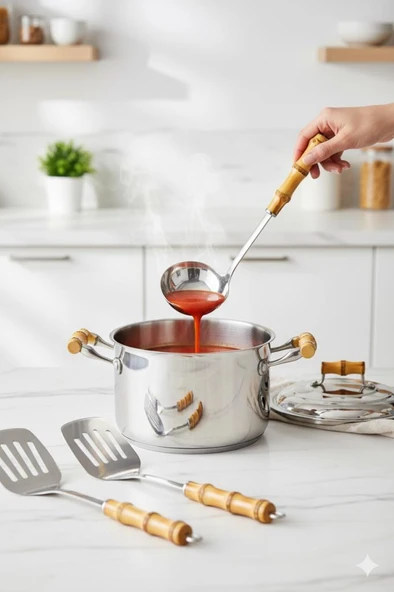 Bambum Mundo 3 Parça Bambu Saplı Çelik Mutfak Gereç Seti Kaşık Kevgir Kepçe - Resim 5